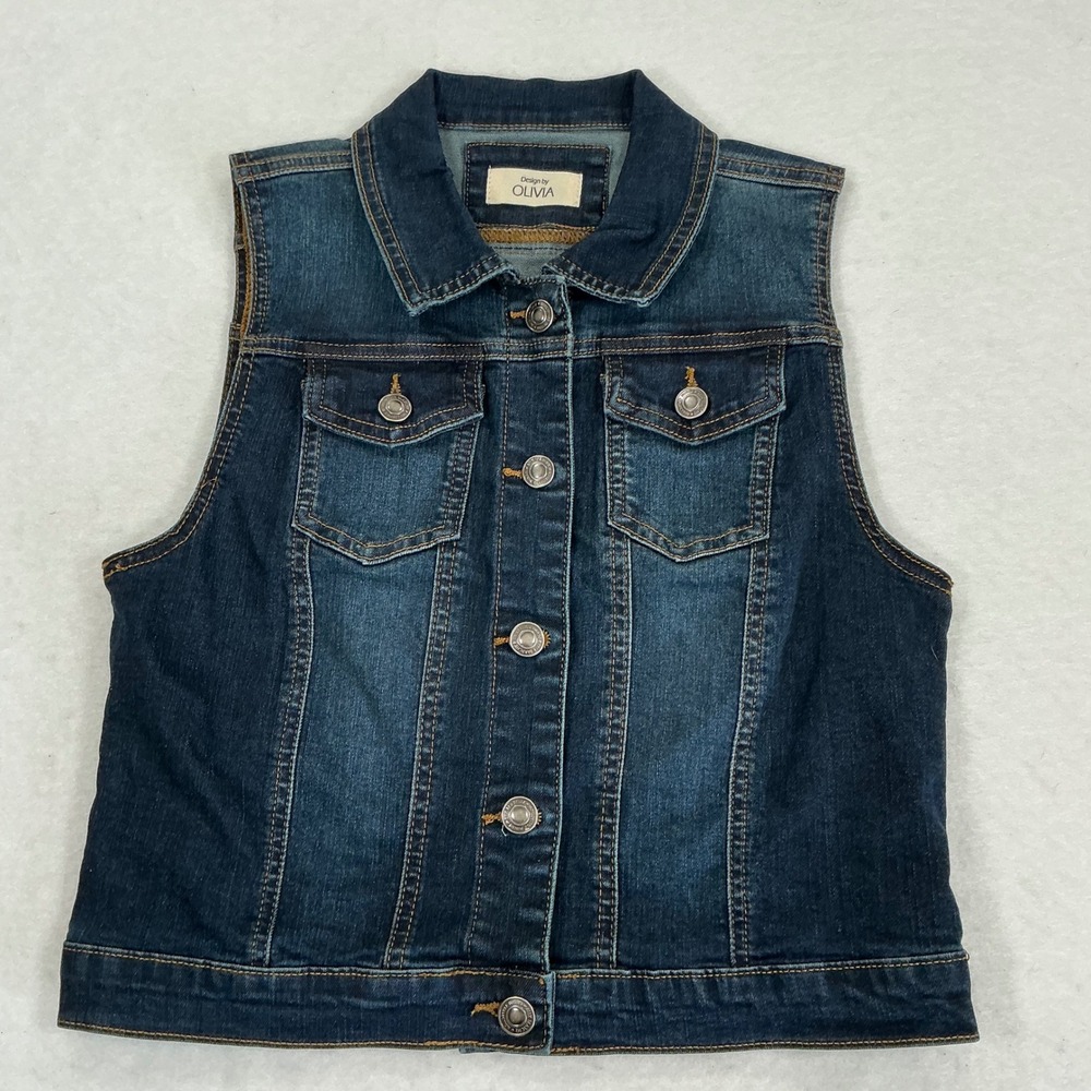 Design by Olivia Womens Denim Vest Dark Wash Button Up Blue Jean Jacket Small